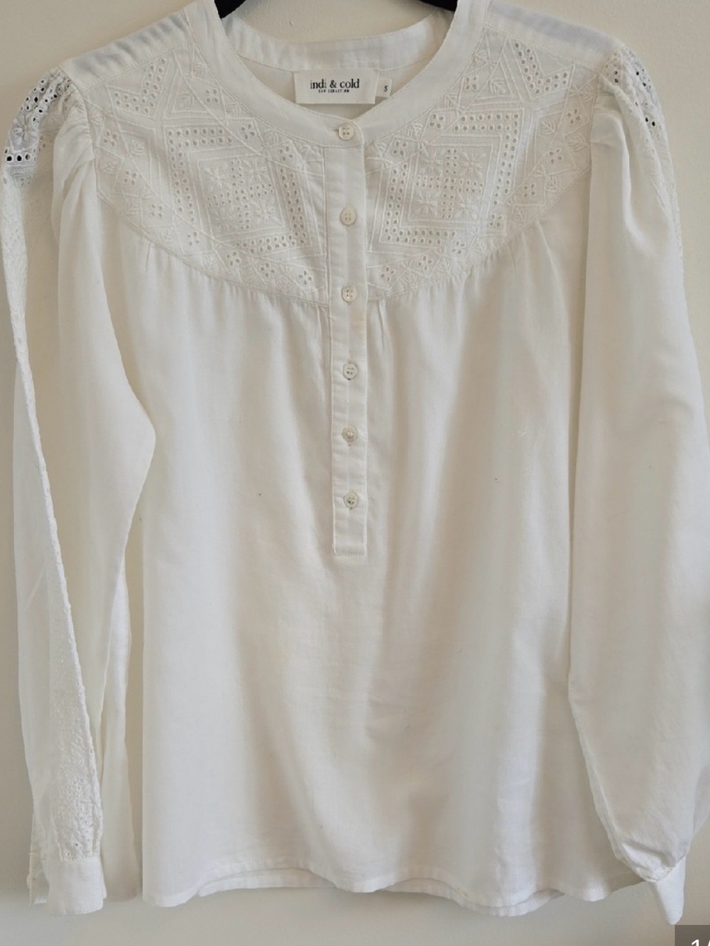 Indi & Cold Cream Button-Front Blouse With Embroidered Yoke And Sleeves - Small